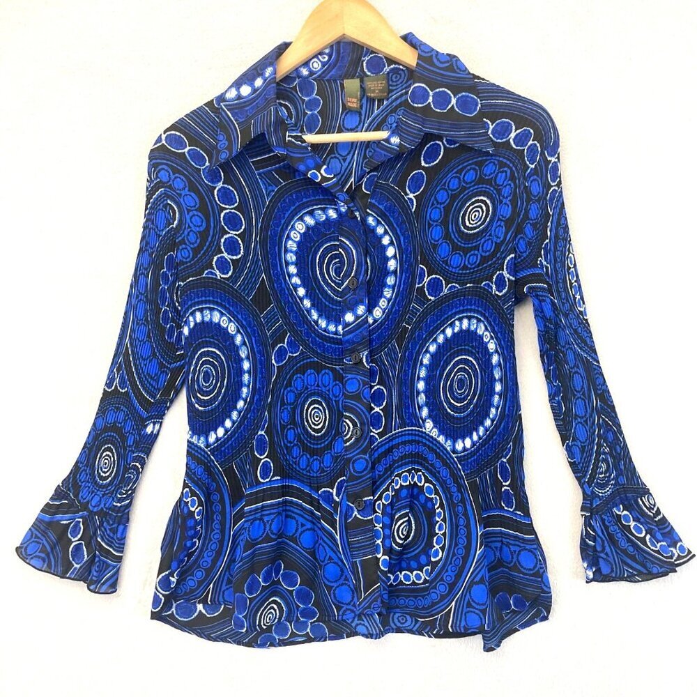 Sere Nade Accordion Pleated Button Up Blouse Womens Medium M Blue Retro Disco